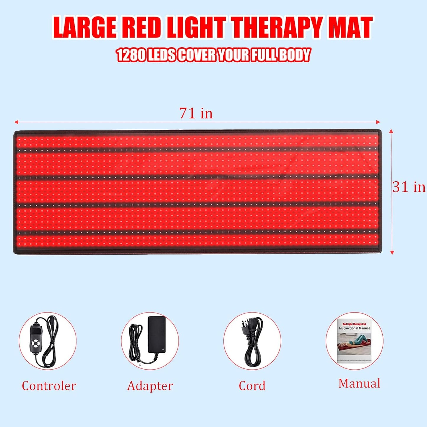 Elfeye Red Light Therapy Mat for Full Body 71 X 31.5 Red Light Therapy Blanket 1280pcs LEDs Large Near Infrared Light Therapy Pad/Bed Device 660NM Red Light & 850nm Infrared Light for Pa-in Relief